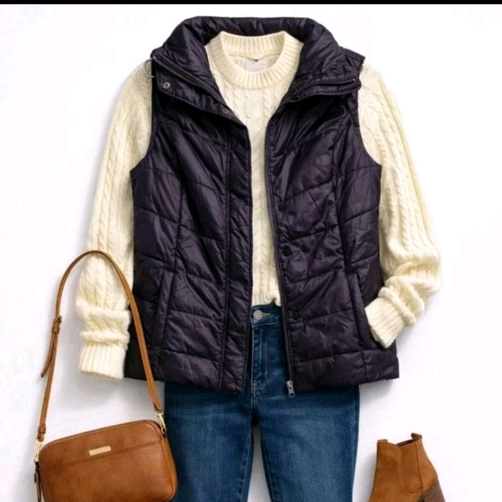 Chico's Zenergy Quilted Dark Purple Vest Full Zip & Snaps Womens Size 2 (12)